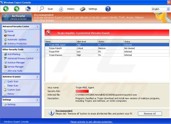 Faux programme anti-virus Windows Expert Console 