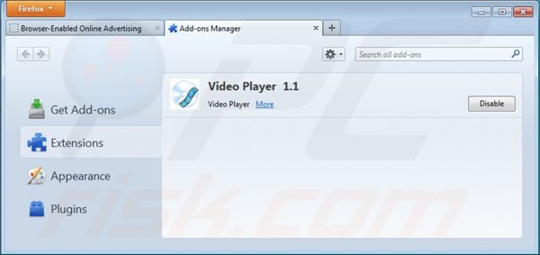 Suppression des extensions d'ads par vidéo player dans Mozilla Firefox étape 2