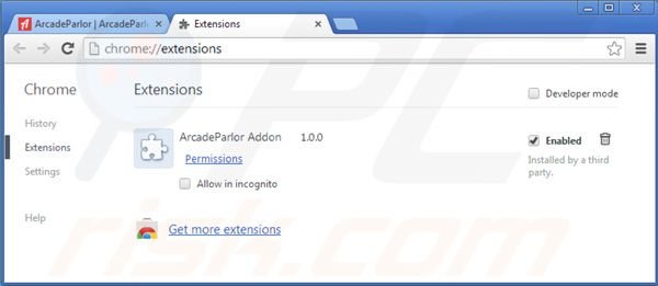 Suppression des extensions d'Arcadeparlor dans Google Chrome étape 2