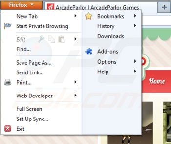 Suppression des extensions d'Arcadeparlor dans Mozilla Firefox étape 1