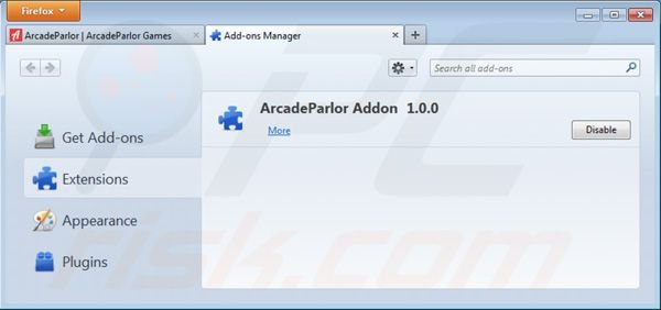 Suppression des extensions d'Arcadeparlor dans Mozilla Firefox étape 2