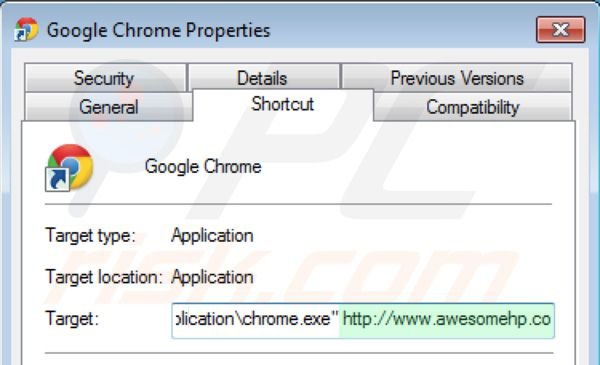 Suppression du raccourci cible de awesomehp.com dans Google Chrome étape 2