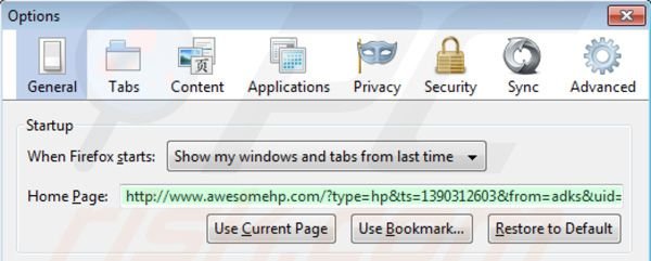 Suppression de la page d'accueil de awesomehp.com dans Mozilla Firefox 