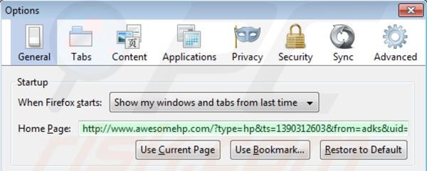 Suppression de la page d'accueil de awesomehp.com dans Mozilla Firefox 