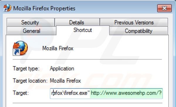 Suppression du raccourci cible de awesomehp.com dans Mozilla Firefox étape 2