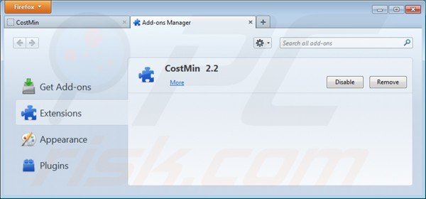 Suppression des extensions de costmin dans Mozilla Firefox étape 2