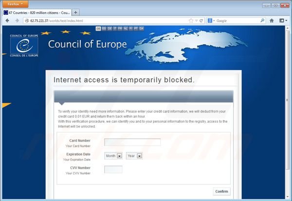 Virus Conseil de l'Europe volant l'information de la carte de crédit 