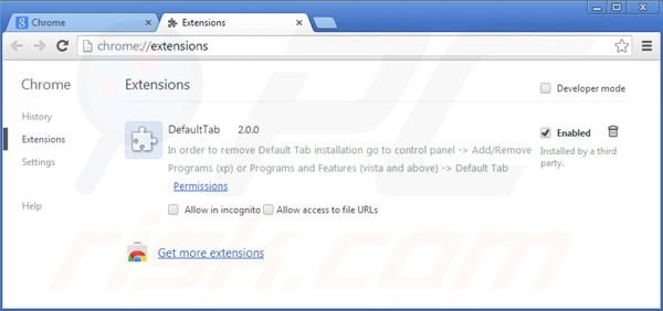 Suppression des extensions de default tab dans Google Chrome 