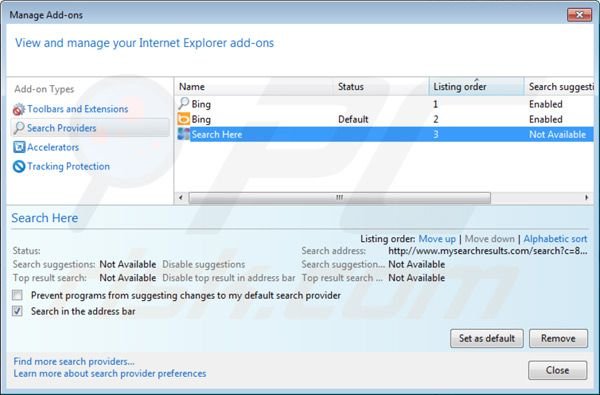 Suppression des paramètres du moteur de recherche par défaut du virus default tab dans Internet Explorer 