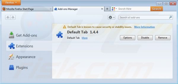 Suppression des extensions du virus RDefault tab dans Mozila Firefox 