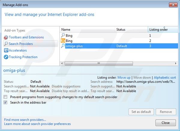 Suppression des paramètres du moteur de recherche par défaut du virus de redirection inspsearch.com dans Internet Explorer 
