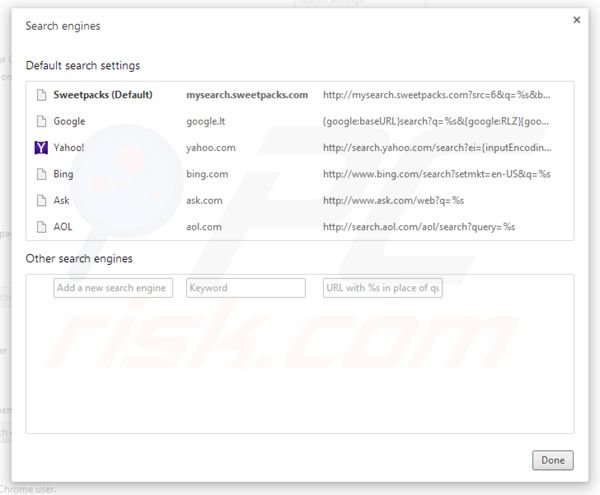 Suppression des paramètres du moteur de recherhce par défaut de mysearch.sweetpacks.com dans Google Chrome 