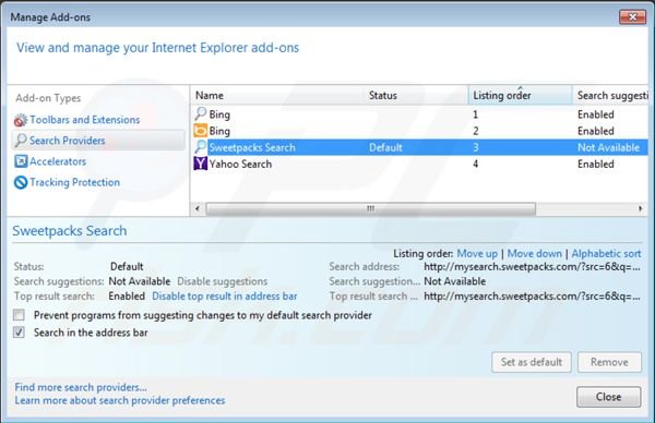 Suppression des paramètres du moteur de recherche par défaut de Mysearch.sweetpacks.com dans Internet Explorer 