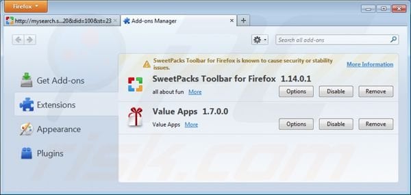 Suppression des extensions de mysearch.sweetpacks.com dans Mozilla Firefox 