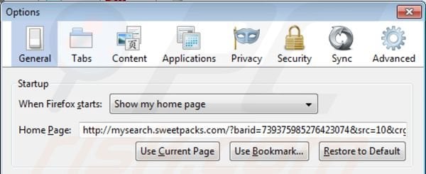 Suppression de la page d'accueil de mysearch.sweetpacks.com dans Mozilla Firefox 