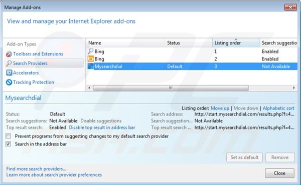 Suppression du moteur de recherhe par défaut de mysearchdial.com dans Internet Explorer 