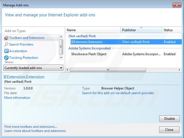 Suppression de Pirrit Suggestor dans Internet Explorer étape 2