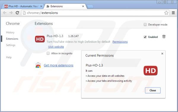 Suppression de plus-hd ads dans Google Chrome étape 2