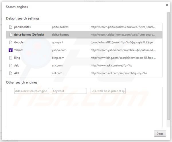 Suppression des paramètres du moteur de recherche par défaut de portaldosites.com dans Google Chrome 