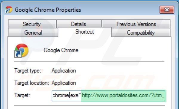 Suppression du raccourci cible de portaldosites.com dans Google Chrome étape 2