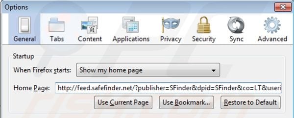 Suppression de la page d'accueil d'isearch.safefinder.net dans Mozilla Firefox 