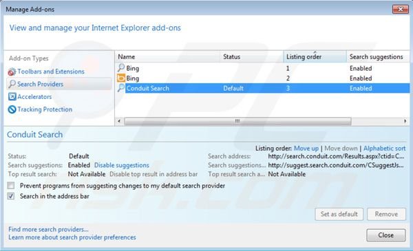 Suppression des paramètres du moteur de recherche par défaut de Search Protect par Conduit dans Internet Explorer 