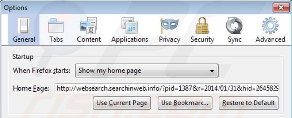 Suppression de la page d'accueil de websearch.searching.com dans Mozilla Firefox