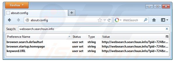 Suppression des paramètres du moteur de recherche par défaut de websearch.searchsun.info dans Mozilla Firefox 
