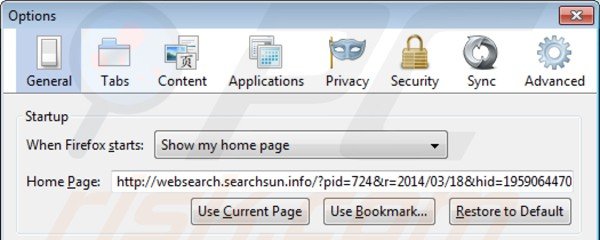 Suppression de la page d'accueil de websearch.searchsun.info dans Mozilla Firefox 