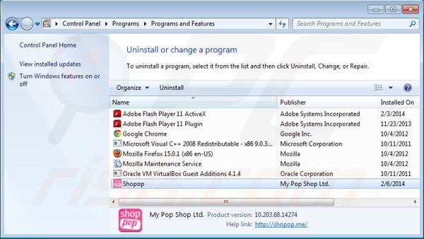 Shopop uninstall using Control Panel