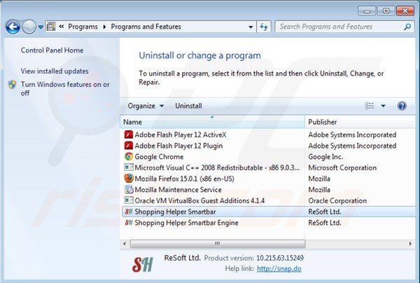 Désinstallation de la smartbar Shopping helper via le panneau de configuration
