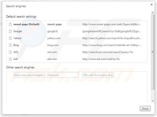 Suppression des paramètres du moteur de recherche par défaut de  sweet-page.com dans Google Chrome 