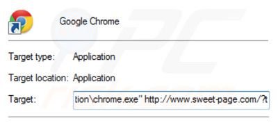 Suppression du raccourci cible de sweet-page.com dans Google Chrome étape 2