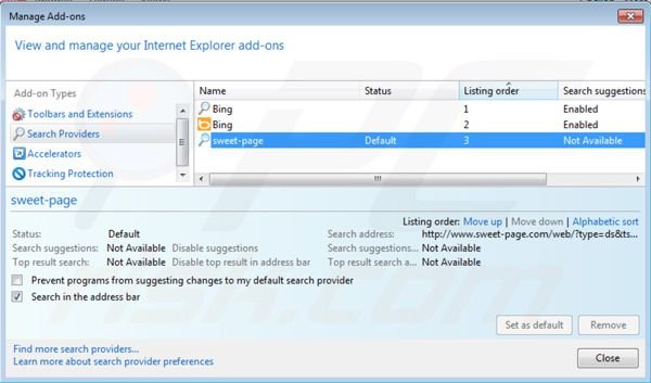 Suppression des paramètres du moteur de recherche par défaut de sweet-page.com dans Internet Explorer 