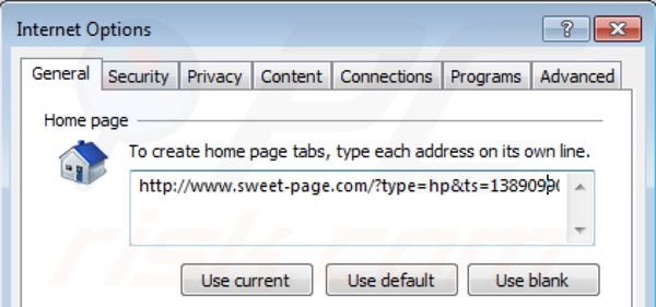Suppression de la page d'accueil de sweet-page.com dans Internet Explorer 
