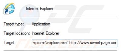 Suppression du raccourci cible de sweet-page.com dans Internet Explorer étape 2