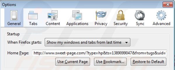 Suppression de la page d'accueil de sweet-page.com dans Mozilla Firefox 