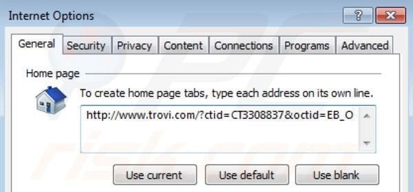 Suppression de la page d'accueil de  trovi.com dans Internet Explorer