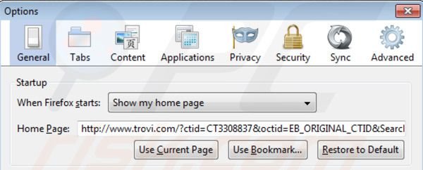 Suppression de la page d'accueil de trovi.com dans Mozilla Firefox