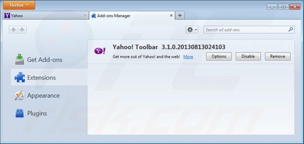 Suppression des extensions de la barre d'outils Yahoo toolbar dans Mozilla Firefox 