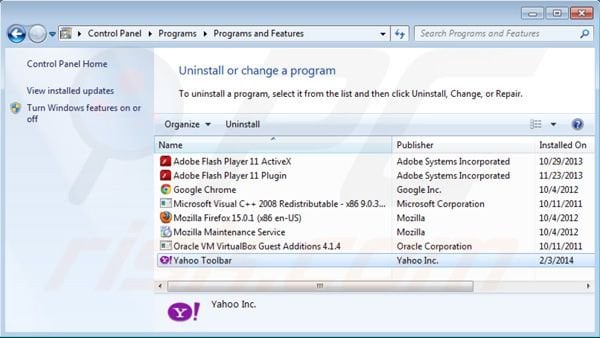 Désinstallation de la barre d'outils Yahoo en utilisant le panneau de configuration