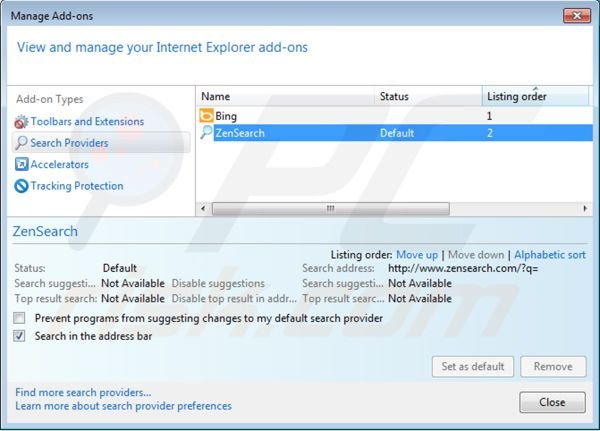 Suppression des paramètres du moteur de recherche par défaut de zensearch.com dans Internet Explorer 