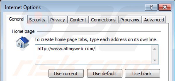 Suppression de la page d'accueil de allmyweb.com dans Internet Explorer 