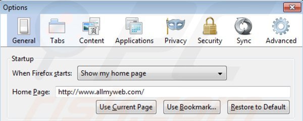 Suppression de la page d'accueil de allmyweb.com dans Mozilla Firefox 
