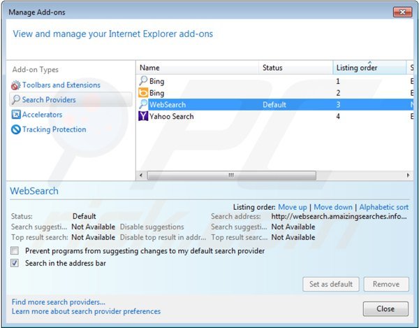 Suppression du moteur de recherche par défaut de websearch.amaizingsearches.info dans Internet Explorer 