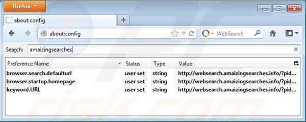 Suppression des paramètres du moteur de recherche par défaut de websearch.amaizingsearches.info dans Mozilla Firefox 