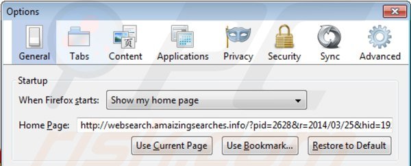 Suppression de la page d'accueil de websearch.amaizingsearches.info dans Mozilla Firefox 