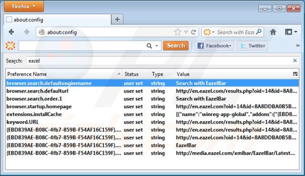 Suppression des paramètres du moteur de recherche par défaut d'eazel.com dans Mozilla Firefox 