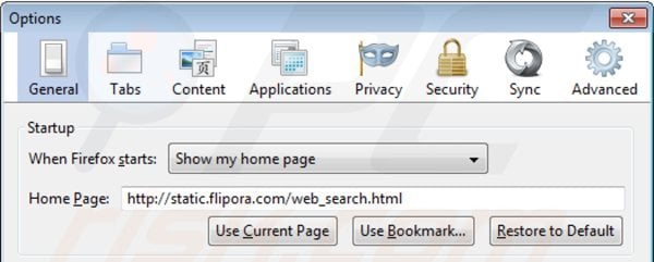 Suppression de la page d'accueil de static.flipora.com dans Mozilla Firefox 