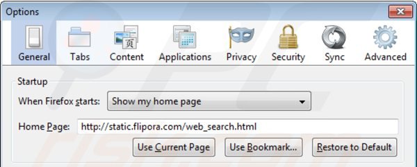Suppression de la page d'accueil de static.flipora.com dans Mozilla Firefox 